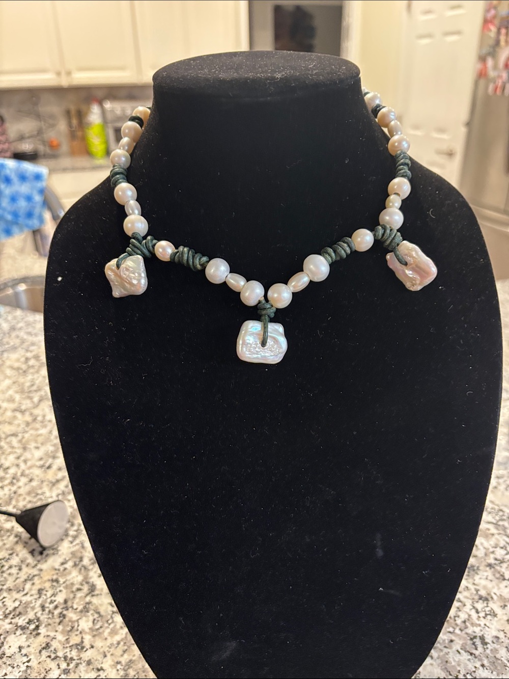 Handcrafted Pearl and Green leather Necklace with Baroque Pearl Pendants